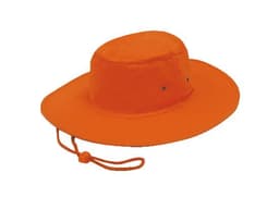 An orange safety hat with a wide brim and adjustable drawstring. The hat features ventilation holes on the sides.