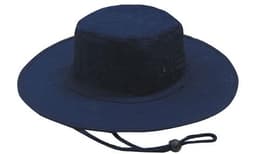 A navy canvas hat with a wide brim and adjustable chin strap, featuring a logo.