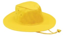 A yellow poly cotton slouch hat with a wide brim and an adjustable chin strap. It features ventilation eyelets.