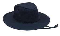 A navy blue Poly Cotton Slouch Hat with a wide brim and adjustable chin strap. Features eyelet vents and a logo.