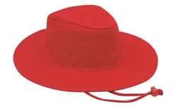 A red Poly Cotton Slouch Hat with a wide brim and an adjustable chin strap. It features ventilation holes.