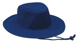 A navy blue Poly Cotton Slouch Hat with ventilation holes and a chin strap. It features a logo.