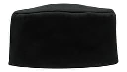 A black poly cotton chef's hat with a structured, round top. It features a simple design and has a logo.