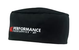 A black poly cotton chef's hat with a logo on the front, designed for culinary uniforms.