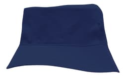 A navy blue breathable poly twill child's bucket hat with a wide brim, featuring a logo.