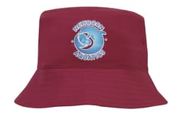A maroon children's bucket hat with a logo on the front, featuring a dolphin design.