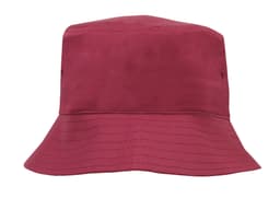 A maroon breathable poly twill child's bucket hat with a wide brim and side vents.