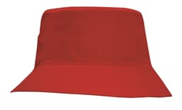 A breathable poly twill child's bucket hat in vibrant red with a classic wide brim and no visible branding.