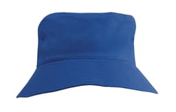 A blue breathable poly twill child's bucket hat with a wide brim and a logo.