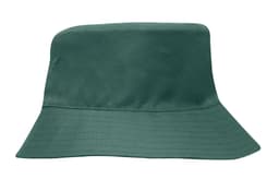 A green breathable poly twill bucket hat with a wide brim and an inner band, featuring a logo.
