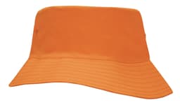 An orange breathable poly twill bucket hat with a wide brim and a logo on the side.