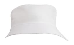 A white youth bucket hat made of breathable poly twill with a curved brim and a logo.