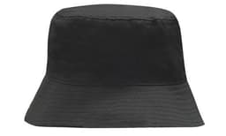A black breathable poly twill bucket hat with a wide brim. The hat features a simple design and a logo.