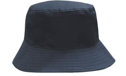 A breathable poly twill bucket hat in navy blue with a simple design and a branded logo.