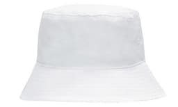 A breathable poly twill bucket hat in white, featuring a wide brim and a small logo.