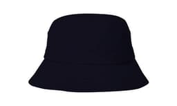 A navy blue brushed sports twill child's bucket hat with a wide brim and a simple design. Features a logo.