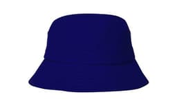 A navy blue child’s bucket hat with a wide brim and a simple design, featuring a branding logo.