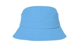 A blue children's bucket hat with a wide brim and a logo on the side.