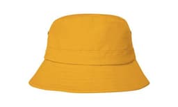 A yellow kids' bucket hat with a wide brim and an interior sweatband. Features a branding logo.
