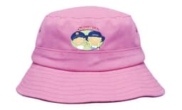 A pink bucket hat featuring a logo with cartoon characters on the front and a wide brim for sun protection.