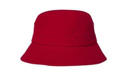 A red infants bucket hat with a structured brim, featuring a logo on the side.