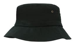 A black infants bucket hat with a wide brim and eyelets, featuring a simple design.