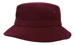 A burgundy infants' bucket hat with a wide brim and eyelets. It has a simple design and includes a logo.