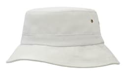 A white bucket hat made from brushed sports twill, featuring a branded logo on the side.