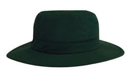 A dark green microfibre adjustable bucket hat with a wide brim and a simple design, featuring a logo.