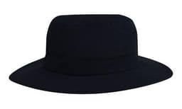 A black microfibre adjustable bucket hat with a wide brim and a branded logo.