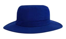 A navy blue microfibre adjustable bucket hat with a wide brim. It features a branding logo.