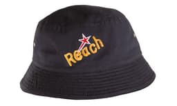 A black bucket hat with a stitched logo and yellow embroidery. Designed for children, featuring a classic twill fabric.