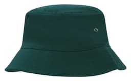 A dark green brushed sports twill bucket hat with a silver eyelet detail.