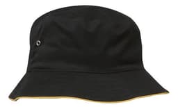 A black bucket hat with a yellow trim and a logo. Ideal for casual headwear.