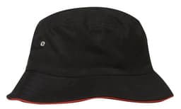 A black brushed sports twill bucket hat with a red trim and a small logo on the side.