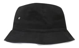 A black brushed sports twill bucket hat featuring a small logo and a wide brim.