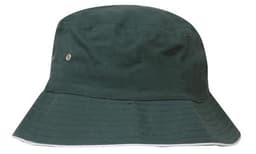 A green brushed sports twill bucket hat with a wide brim and a logo on the side.