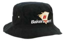 A black bucket hat with an embroidered logo. Made from brushed sports twill fabric.