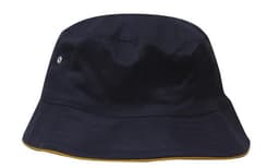 A navy blue bucket hat with a yellow trim and a small logo on the side.