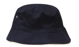 A navy blue brushed sports twill bucket hat with a contrasting trim and a small logo.