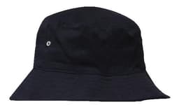 A black brushed sports twill bucket hat with a small logo. Features a rounded crown and wide brim.