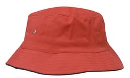 A red brushed sports twill bucket hat with a black inner rim and a small logo.