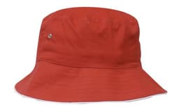 A red brushed sports twill bucket hat featuring a logo and a wide brim.