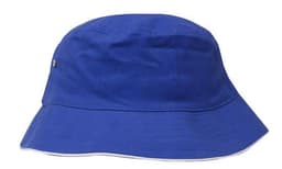 A blue brushed sports twill bucket hat with a wide brim and a logo on the side.