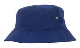 A blue bucket hat featuring a wide brim and small branding details.