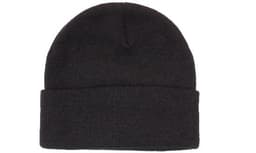 Acrylic beanie in solid black, featuring a simple, folded design and a logo on the side.