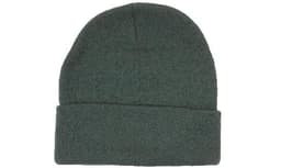 A green acrylic beanie with a folded brim and a textured finish. Features a logo on the side.