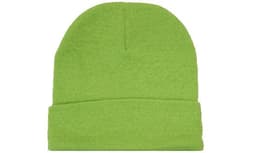 Acrylic beanie in bright green with a folded cuff, featuring a logo on the side.