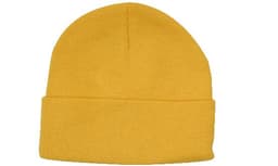 Acrylic beanie toque in bright yellow with a rolled cuff and soft texture. It features a logo on the side.