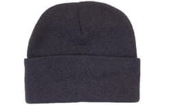 Acrylic beanie in dark grey, featuring a fold-up cuff and a simple design with a logo.